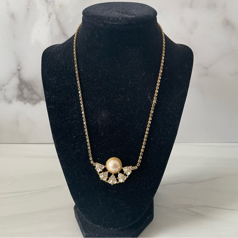 Monet Vintage Gold Tone and Pearl Necklace- Multicolored Rhinestones Chain
